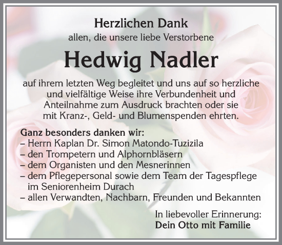 Traueranzeige von Hedwig Nadler von Allgäuer Zeitung,Kempten