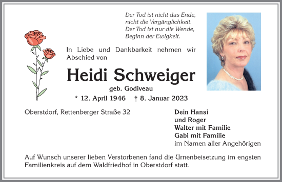 Traueranzeige von Heidi Schweiger von Allgäuer Anzeigeblatt