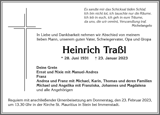 Traueranzeige von Heinrich Traßl von Allgäuer Anzeigeblatt