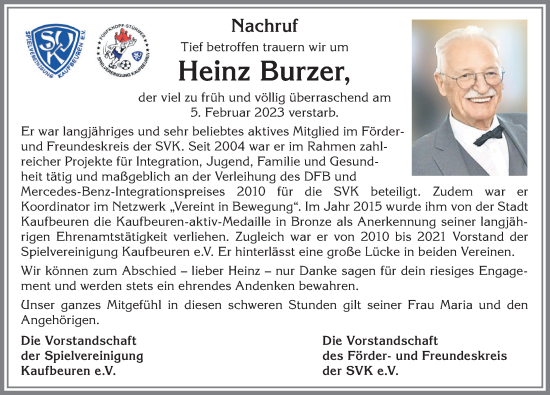 Traueranzeige von Heinz Burzer von Mindelheimer Zeitung, Augsburger Allgemeine