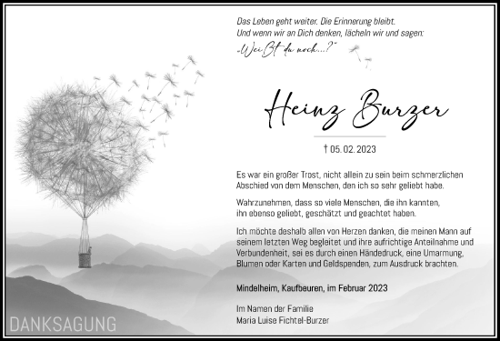 Traueranzeige von Heinz Burzer von Augsburger Allgemeine, Mindelheimer Zeitung
