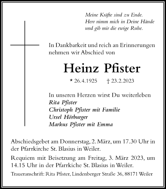 Traueranzeige von Heinz Pfister von Der Westallgäuer