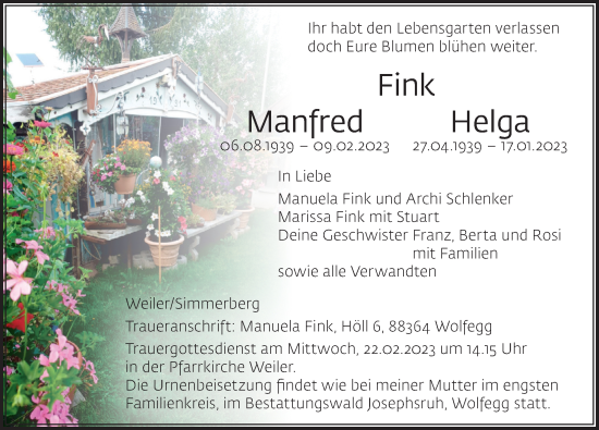 Traueranzeige von Helga Fink von Der Westallgäuer