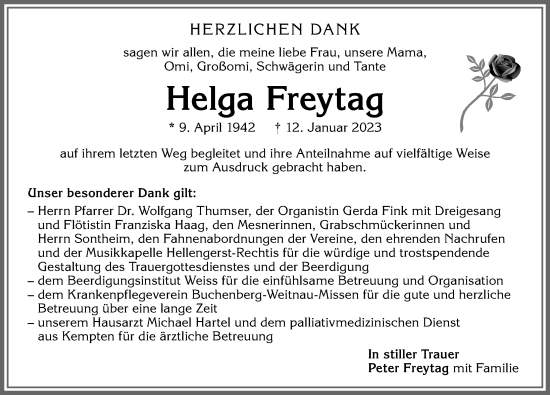 Traueranzeige von Helga Freytag von Allgäuer Zeitung,Kempten