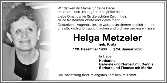 Traueranzeige von Helga Metzeler von Memminger Zeitung