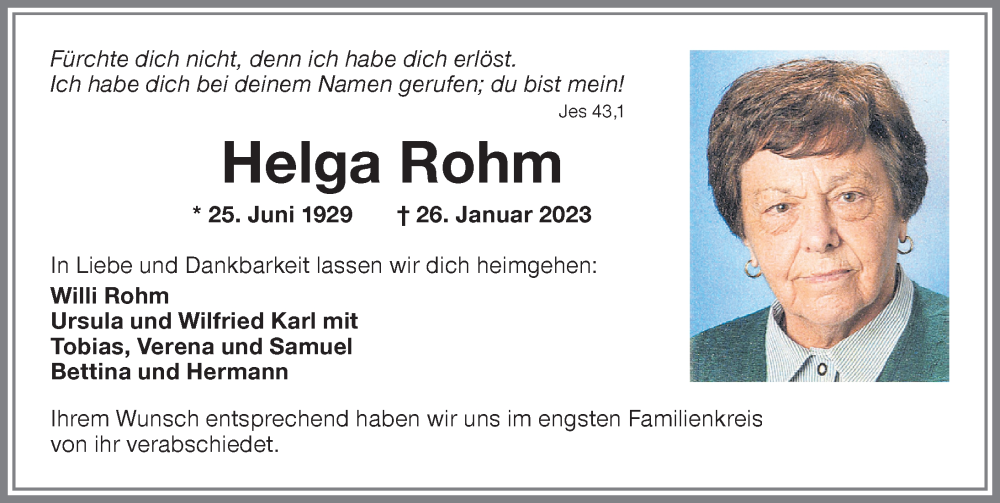  Traueranzeige für Helga Rohm vom 04.02.2023 aus Memminger Zeitung
