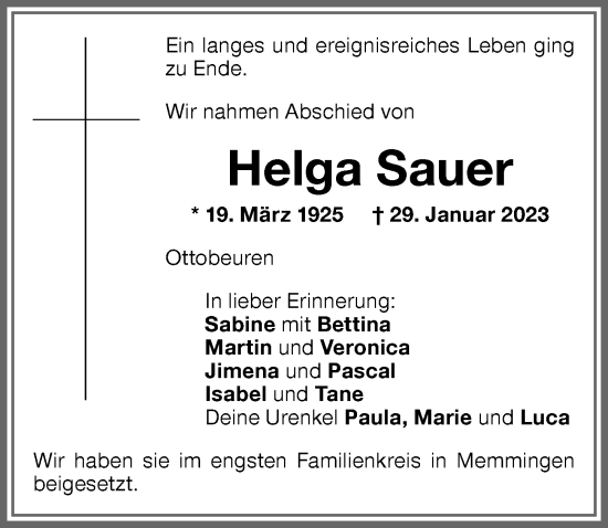 Traueranzeige von Helga Sauer von Memminger Zeitung