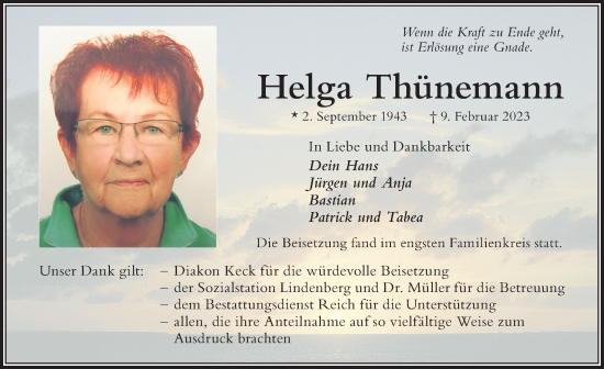 Traueranzeige von Helga Thünemann von Der Westallgäuer
