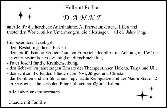 Traueranzeige von Hellmut Redka von Allgäuer Zeitung, Füssen