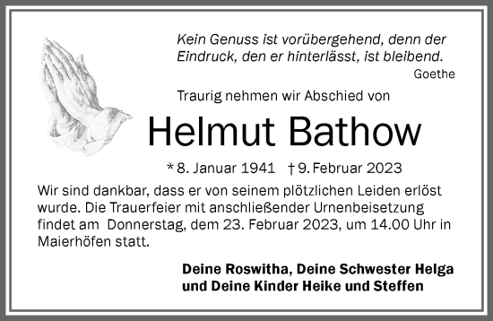 Traueranzeige von Helmut Bathow von Der Westallgäuer