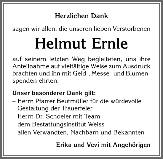 Traueranzeige von Helmut Ernle von Allgäuer Zeitung,Kempten