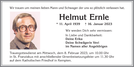 Traueranzeige von Helmut Ernle von Allgäuer Zeitung,Kempten