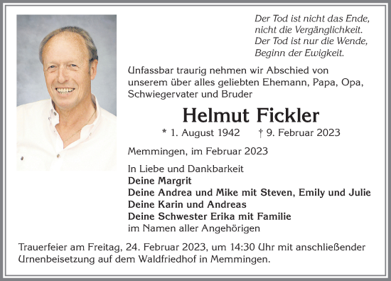Traueranzeige von Helmut Fickler von Memminger Zeitung