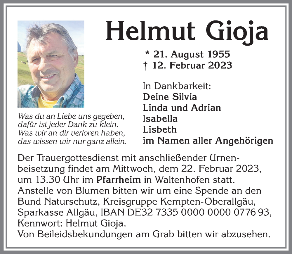  Traueranzeige für Helmut Gioja vom 18.02.2023 aus Allgäuer Zeitung,Kempten