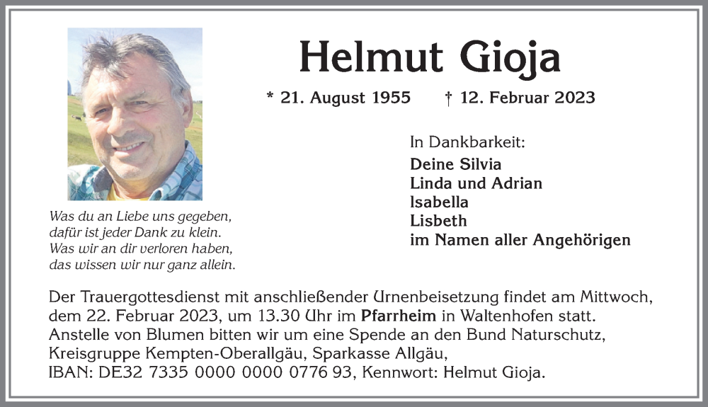  Traueranzeige für Helmut Gioja vom 18.02.2023 aus Allgäuer Anzeigeblatt