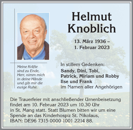 Traueranzeige von Helmut Knoblich von Allgäuer Zeitung,Kempten