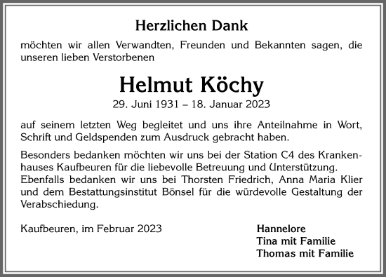 Traueranzeige von Helmut Köchy von Allgäuer Zeitung, Kaufbeuren/Buchloe
