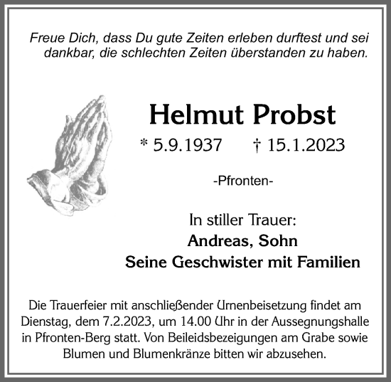 Traueranzeige von Helmut Probst von Allgäuer Zeitung, Füssen