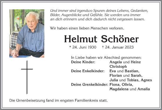 Traueranzeige von Helmut Schöner von Allgäuer Zeitung,Kempten