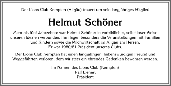 Traueranzeige von Helmut Schöner von Allgäuer Zeitung,Kempten