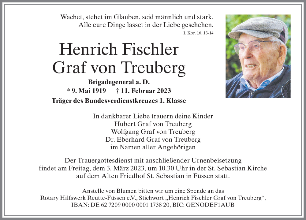  Traueranzeige für Henrich Graf von Treuberg Fischler vom 25.02.2023 aus Allgäuer Zeitung, Füssen