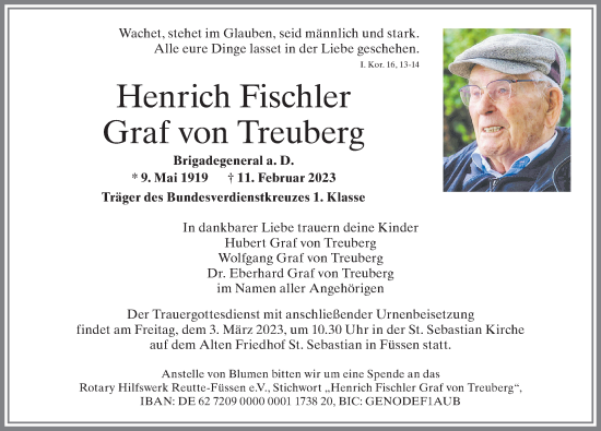 Traueranzeige von Henrich Graf von Treuberg Fischler von Allgäuer Zeitung, Füssen