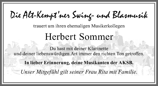 Traueranzeige von Herbert Sommer von Allgäuer Zeitung,Kempten