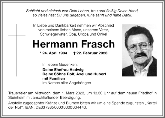 Traueranzeige von Hermann Frasch von Memminger Zeitung