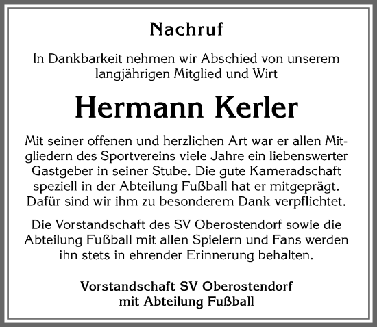Traueranzeige von Hermann Kerler von Allgäuer Zeitung, Kaufbeuren/Buchloe