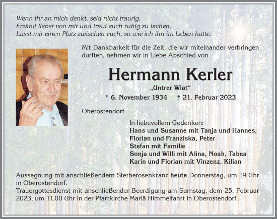 Traueranzeige von Hermann Kerler von Allgäuer Zeitung, Kaufbeuren/Buchloe