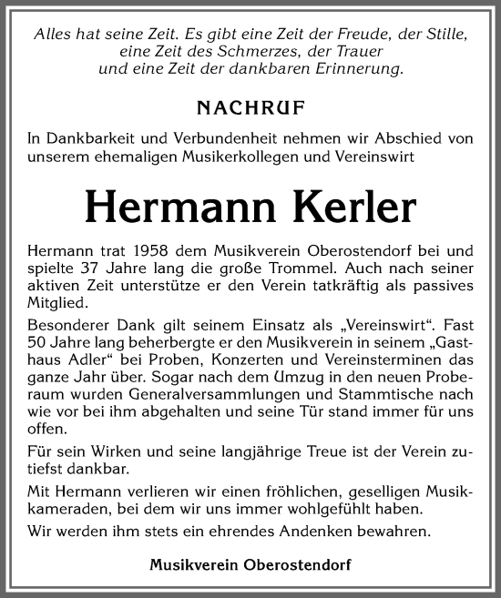 Traueranzeige von Hermann Kerler von Allgäuer Zeitung, Kaufbeuren/Buchloe