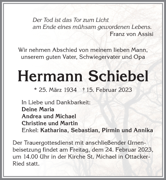 Traueranzeige von Hermann Schiebel von Allgäuer Zeitung,Kempten