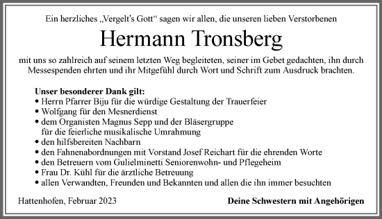 Traueranzeige von Hermann Tronsberg von Allgäuer Zeitung, Marktoberdorf