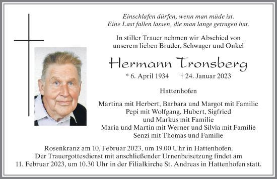 Traueranzeige von Hermann Tronsberg von Allgäuer Zeitung, Marktoberdorf