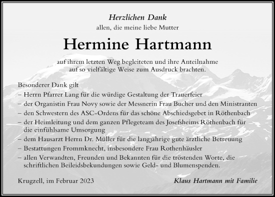 Traueranzeige von Hermine Hartmann von Der Westallgäuer