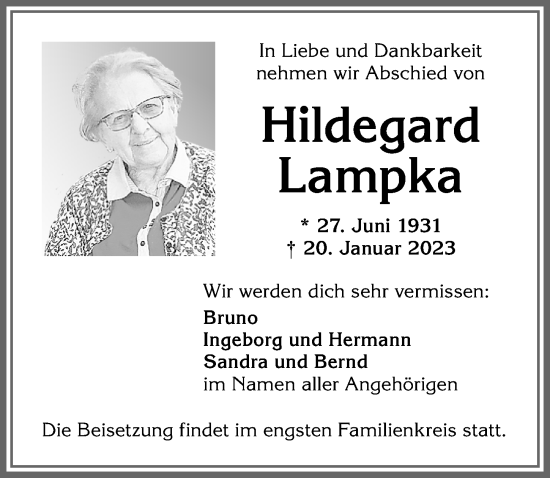 Traueranzeige von Hildegard Lampka von Allgäuer Zeitung,Kempten