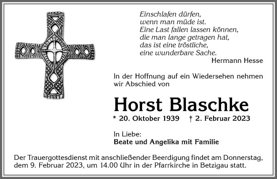 Traueranzeige von Horst Blaschke von Allgäuer Zeitung,Kempten
