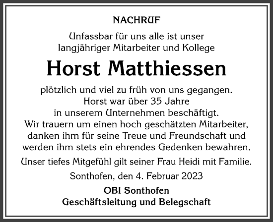 Traueranzeige von Horst Matthiessen von Allgäuer Anzeigeblatt