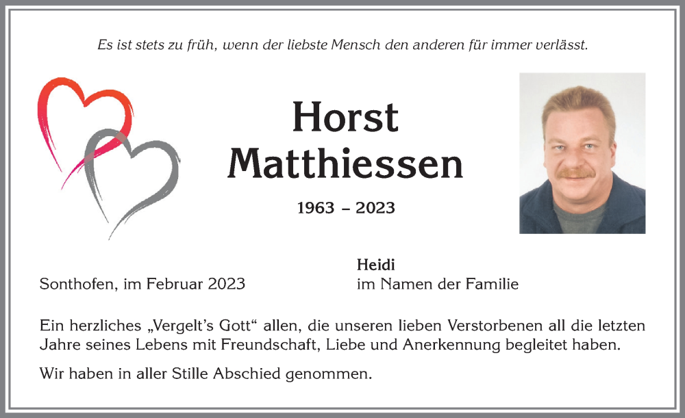  Traueranzeige für Horst Matthiessen vom 04.02.2023 aus Allgäuer Anzeigeblatt