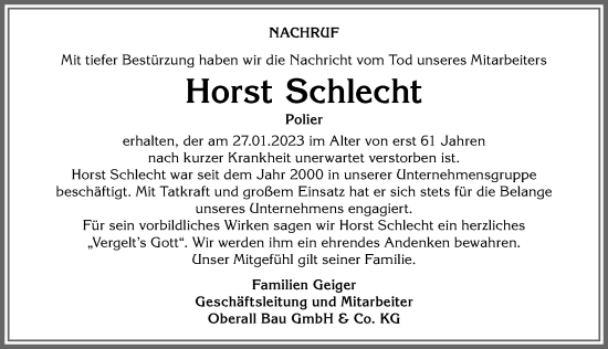 Traueranzeige von Horst Schlecht von Allgäuer Zeitung, Marktoberdorf
