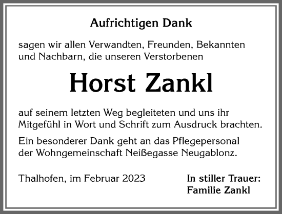 Traueranzeige von Horst Zankl von Allgäuer Zeitung, Kaufbeuren/Buchloe