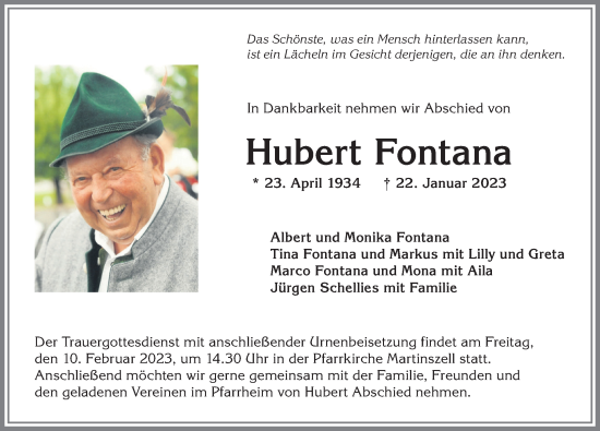 Traueranzeige von Hubert Fontana von Allgäuer Zeitung,Kempten