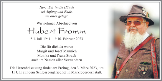 Traueranzeige von Hubert Fromm von Allgäuer Zeitung, Marktoberdorf