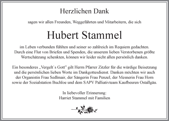 Traueranzeige von Hubert Stammel von Allgäuer Zeitung, Kaufbeuren/Buchloe