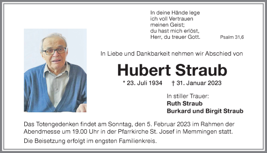 Traueranzeige von Hubert Straub von Memminger Zeitung