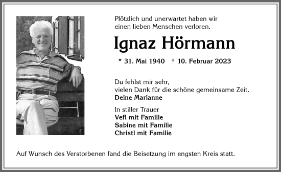 Traueranzeige von Ignaz Hörmann von Allgäuer Anzeigeblatt