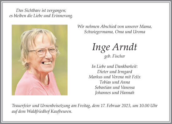 Traueranzeige von Inge Arndt von Allgäuer Zeitung, Kaufbeuren/Buchloe