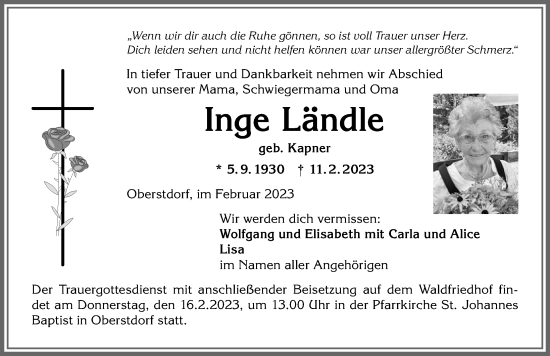 Traueranzeige von Inge Ländle von Allgäuer Anzeigeblatt