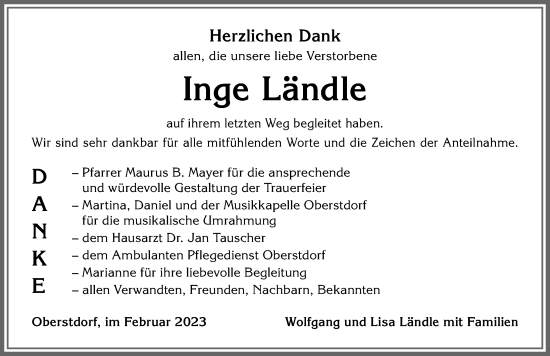 Traueranzeige von Inge Ländle von Allgäuer Anzeigeblatt