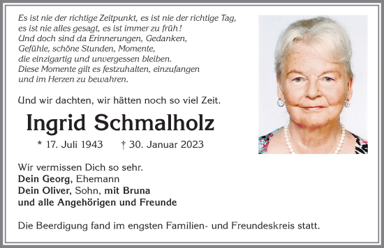 Traueranzeige von Ingrid Schmalholz von Allgäuer Zeitung,Kempten
